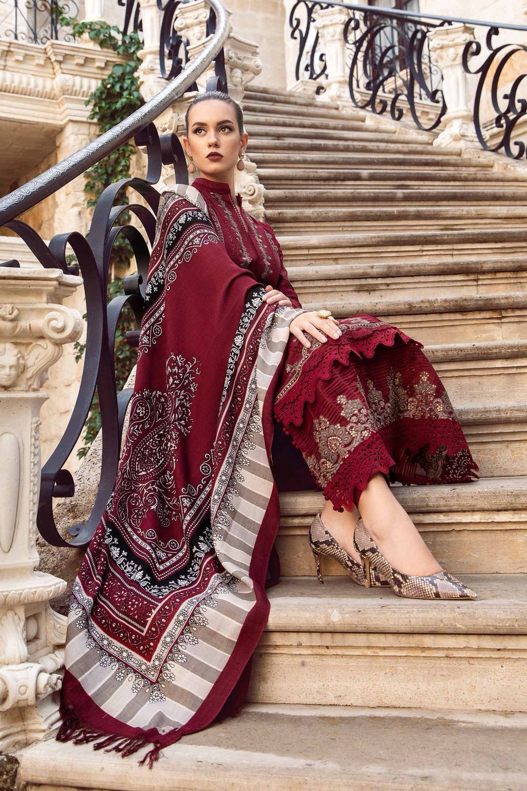Fully Embroidered Dress With Digital Printed Wool Shawl & Patches