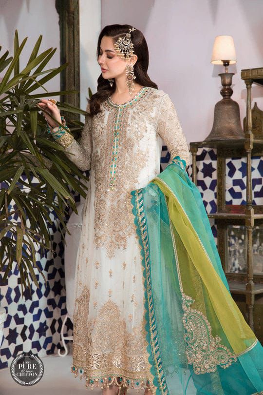 Maria B - 3PC CHIFFON EMBROIDERED WITH EMBROIDERED DUPATTA AND - MPC-2-Cream and Ferozi