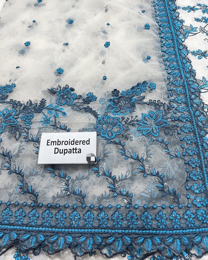 FAIZA SAQLAIN-FROCK 3PC LAWN EMBROIDERED SHIRT WITH NET EMBROIDERED DUPATTA AND TROUSER-ADR-4847