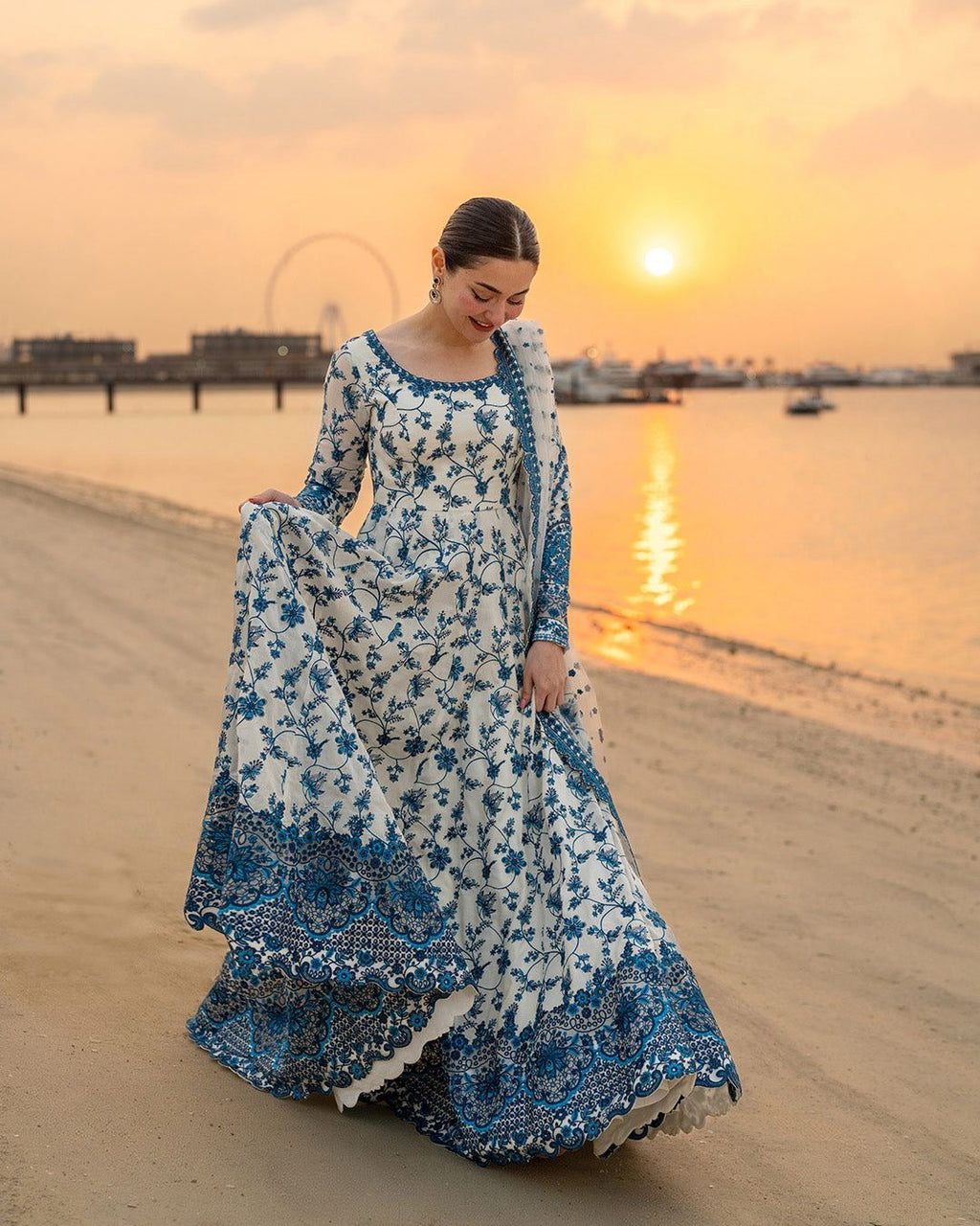 FAIZA SAQLAIN-FROCK 3PC LAWN EMBROIDERED SHIRT WITH NET EMBROIDERED DUPATTA AND TROUSER-ADR-4847