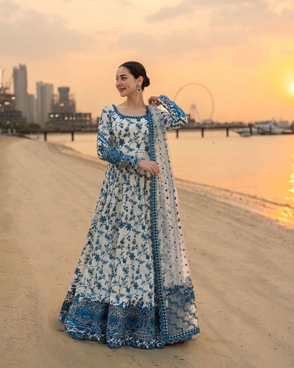 FAIZA SAQLAIN-FROCK 3PC LAWN EMBROIDERED SHIRT WITH NET EMBROIDERED DUPATTA AND TROUSER-ADR-4847