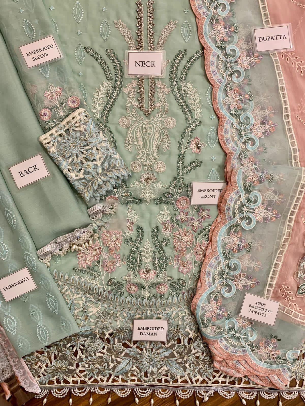 chiffon embroidered adda work hand embellished luxury unstitched 3PC