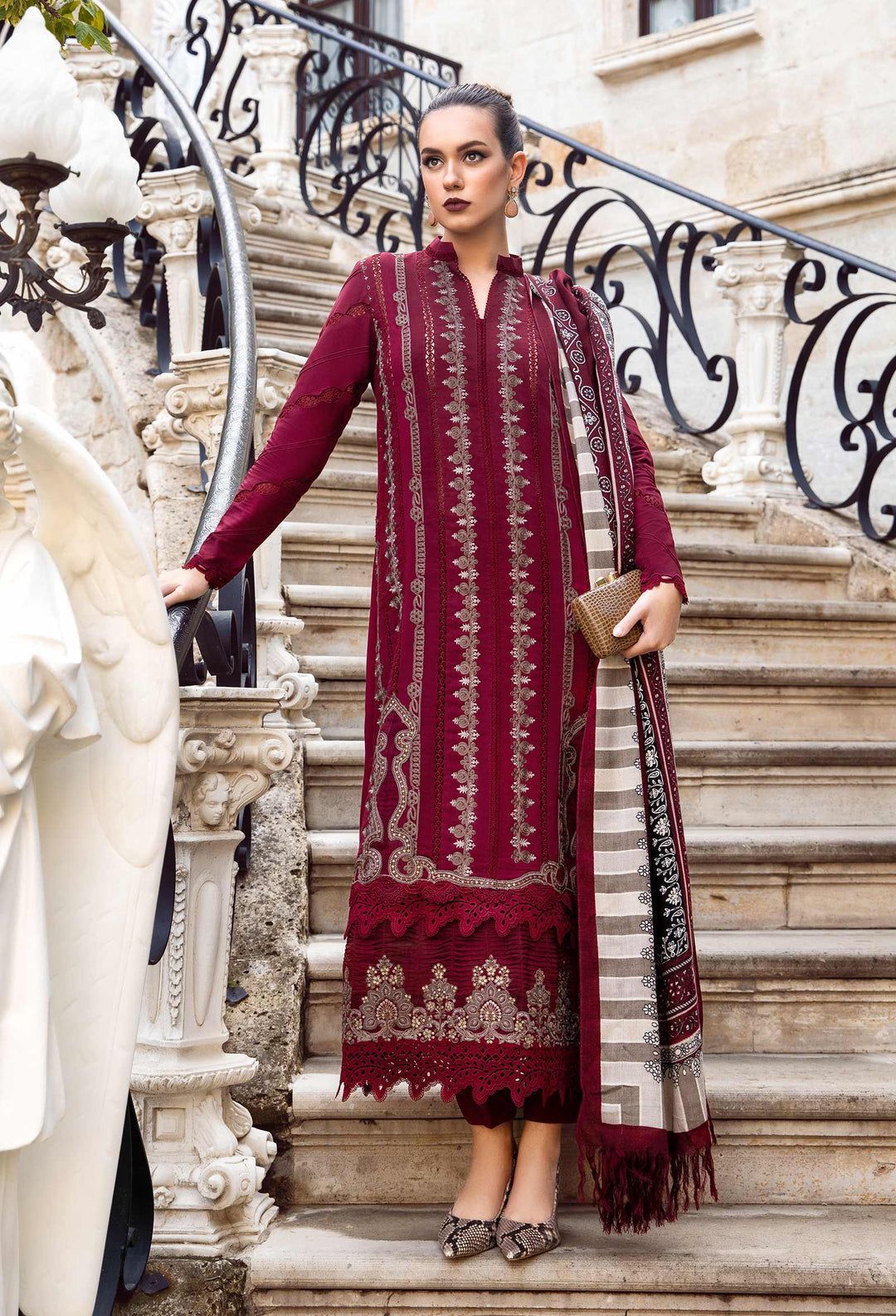 Fully Embroidered Dress With Digital Printed Wool Shawl & Patches