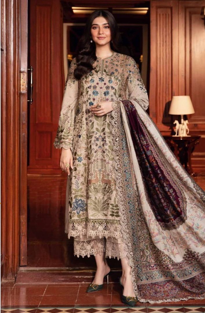 3 Piece Unstitched Embroidered Linen Suit