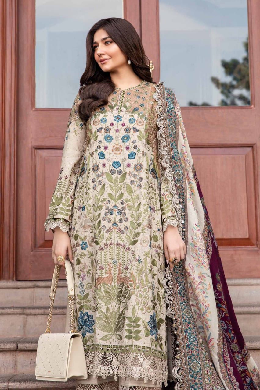 3 Piece Unstitched Embroidered Linen Suit