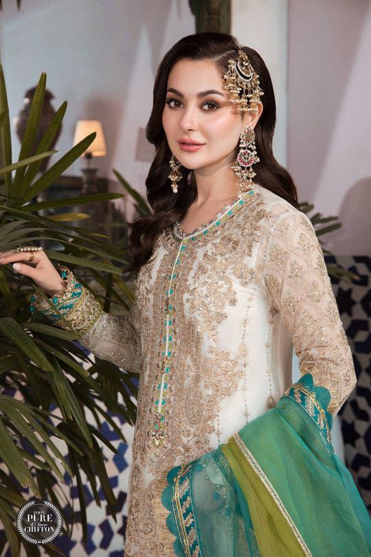 Maria B - 3PC CHIFFON EMBROIDERED WITH EMBROIDERED DUPATTA AND - MPC-2-Cream and Ferozi