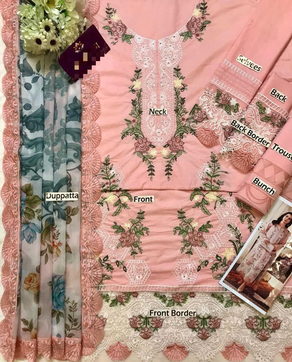Grace S1268-Embroidered 3pc CHIKANKARI Lawn Dress With Printed Munar Dupatta.