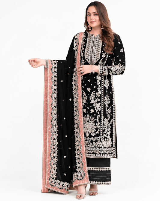 Aneela's Luxury Handwork Embroidered Black Chiffon Wedding Wear Dress