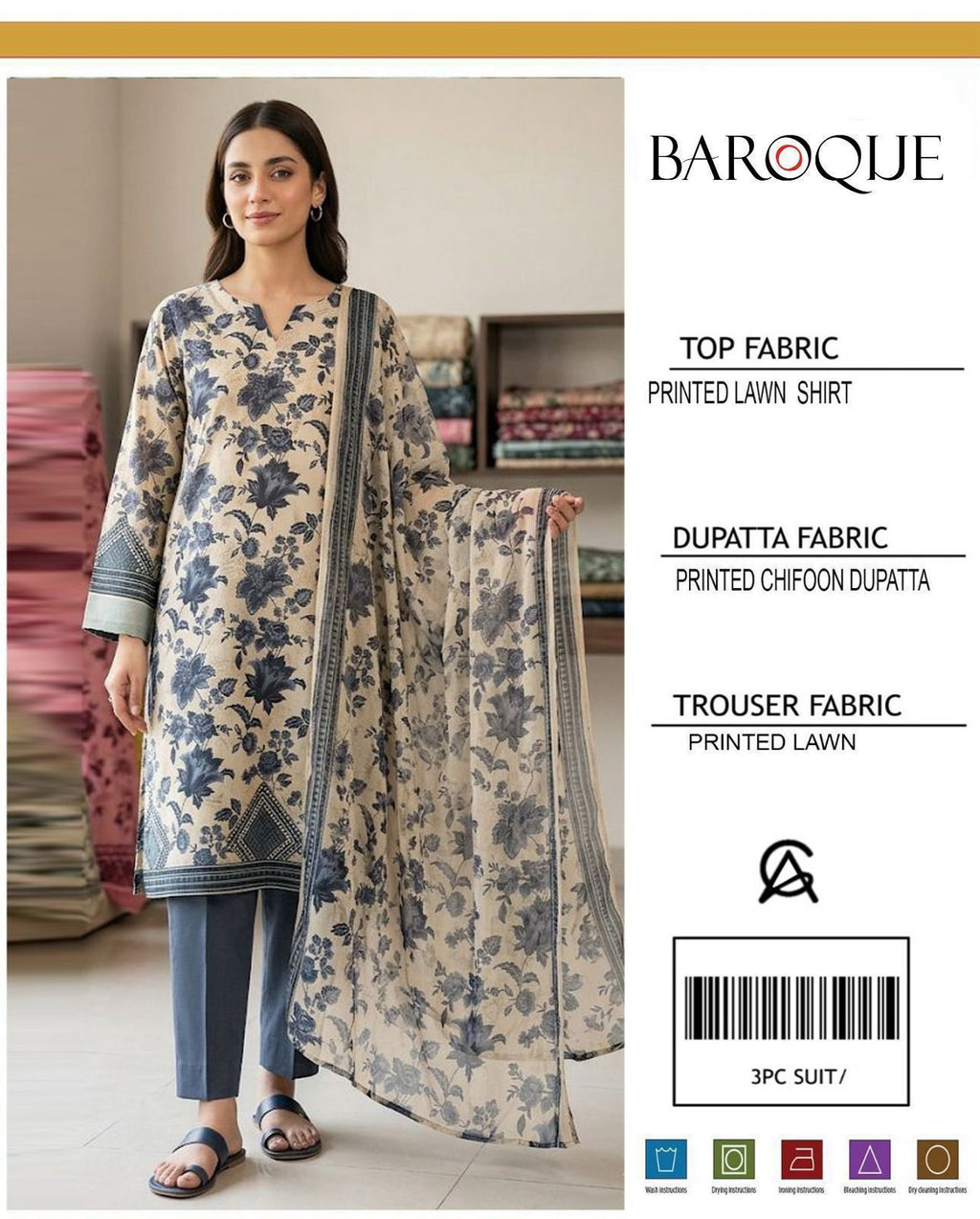 3 PC PRINTED LAWN SUIT MB 132