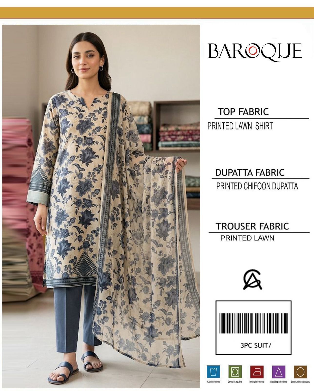 3 PC PRINTED LAWN SUIT MB 132