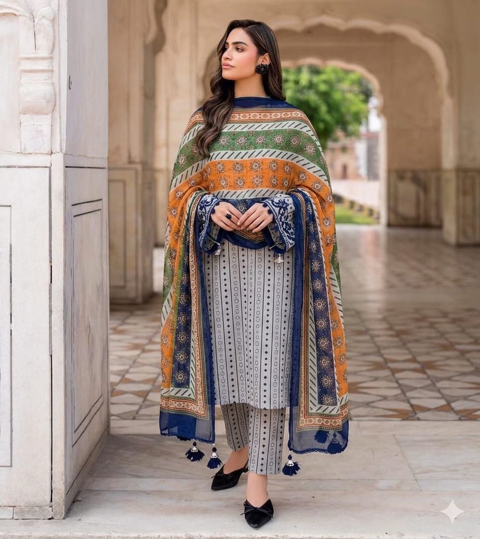 3 PC PRINTED LAWN SUIT MB 129