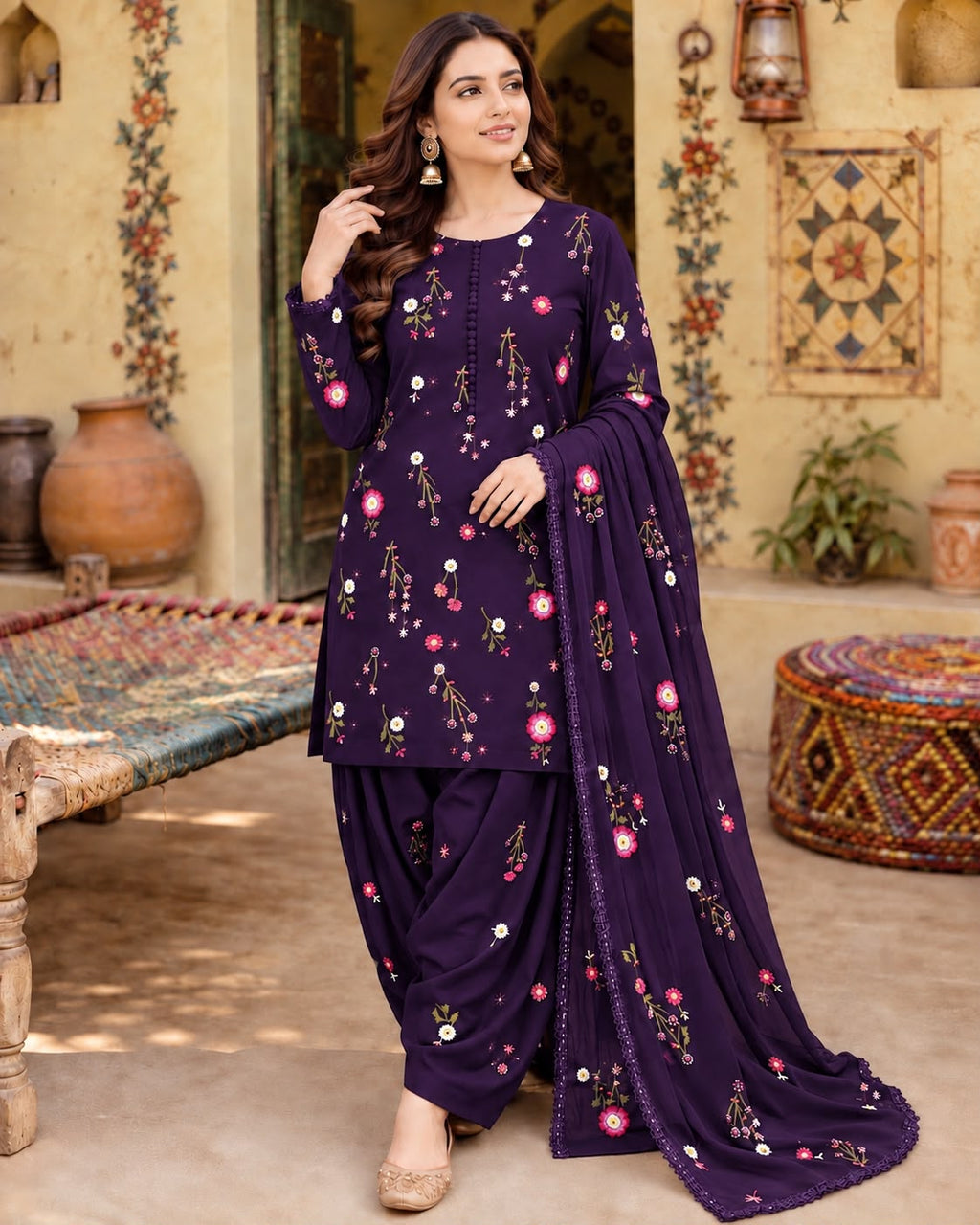 Unstitched 3 Piece Dhanak Embroidered Suit