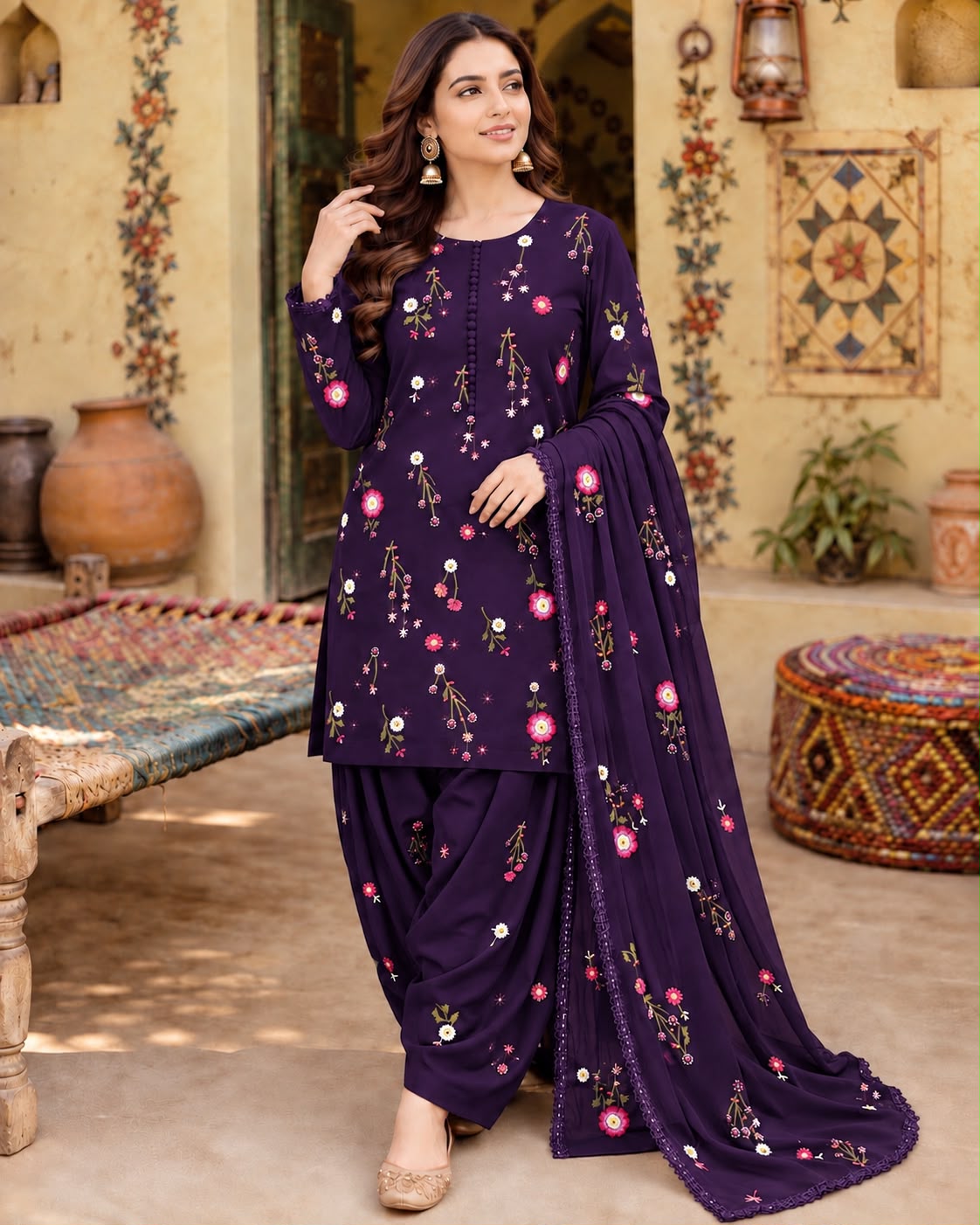 Unstitched 3 Piece Dhanak Embroidered Suit