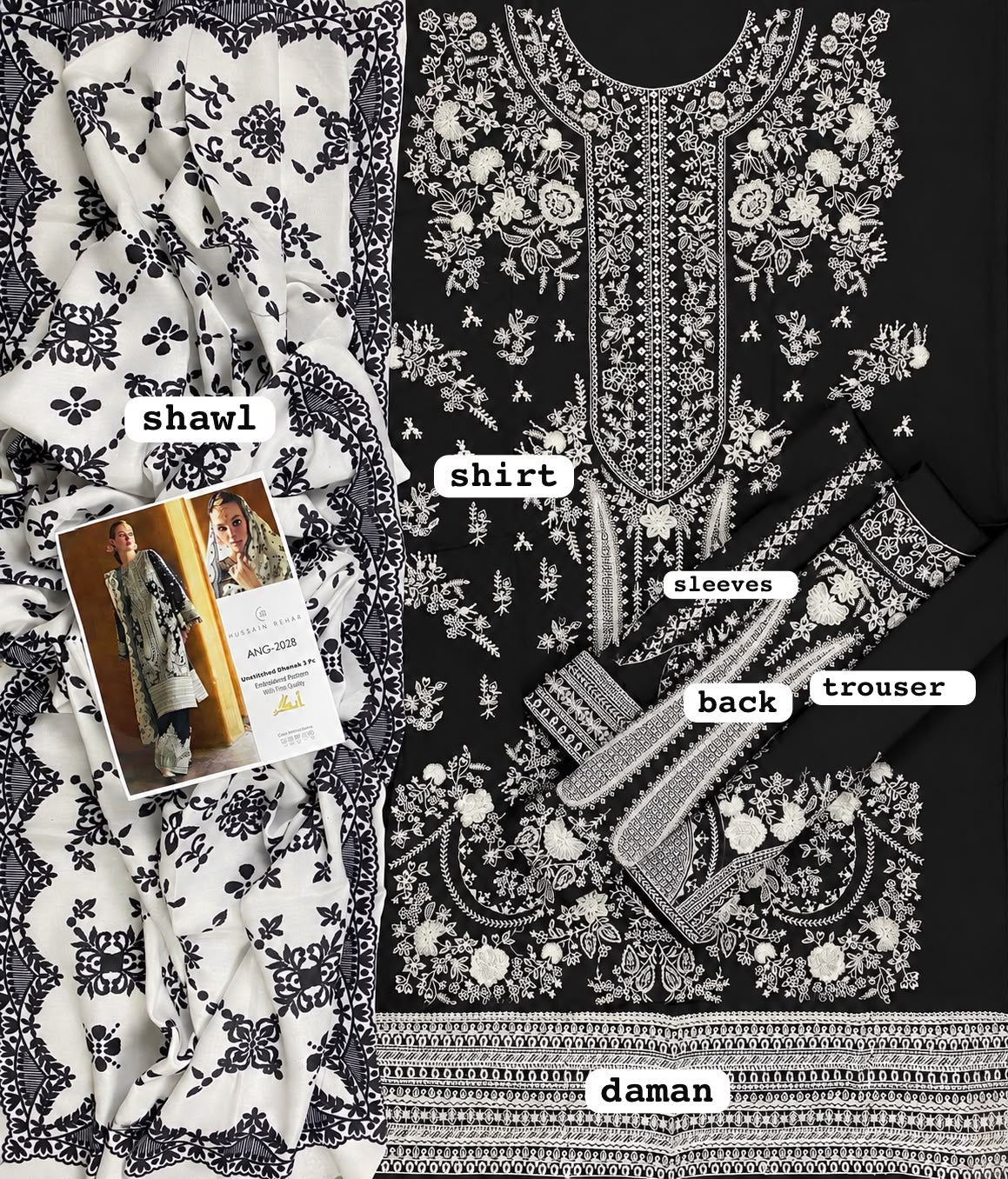 HUSSAIN REHAR Luxury Dhanak Embroidered 3-Piece Unstitched Suit.