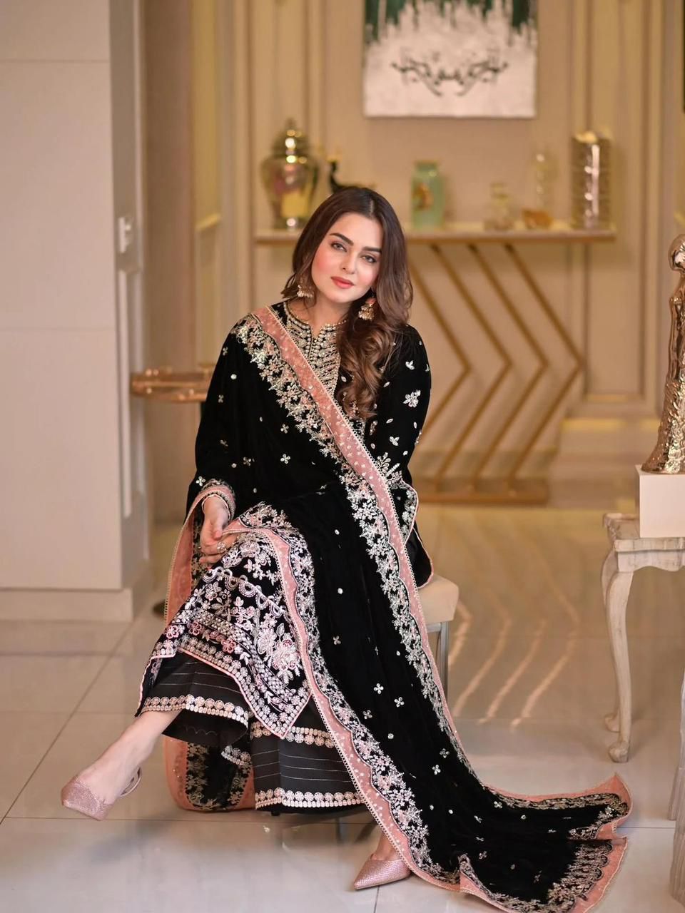 Aneela's Luxury Handwork Embroidered Black Chiffon Wedding Wear Dress