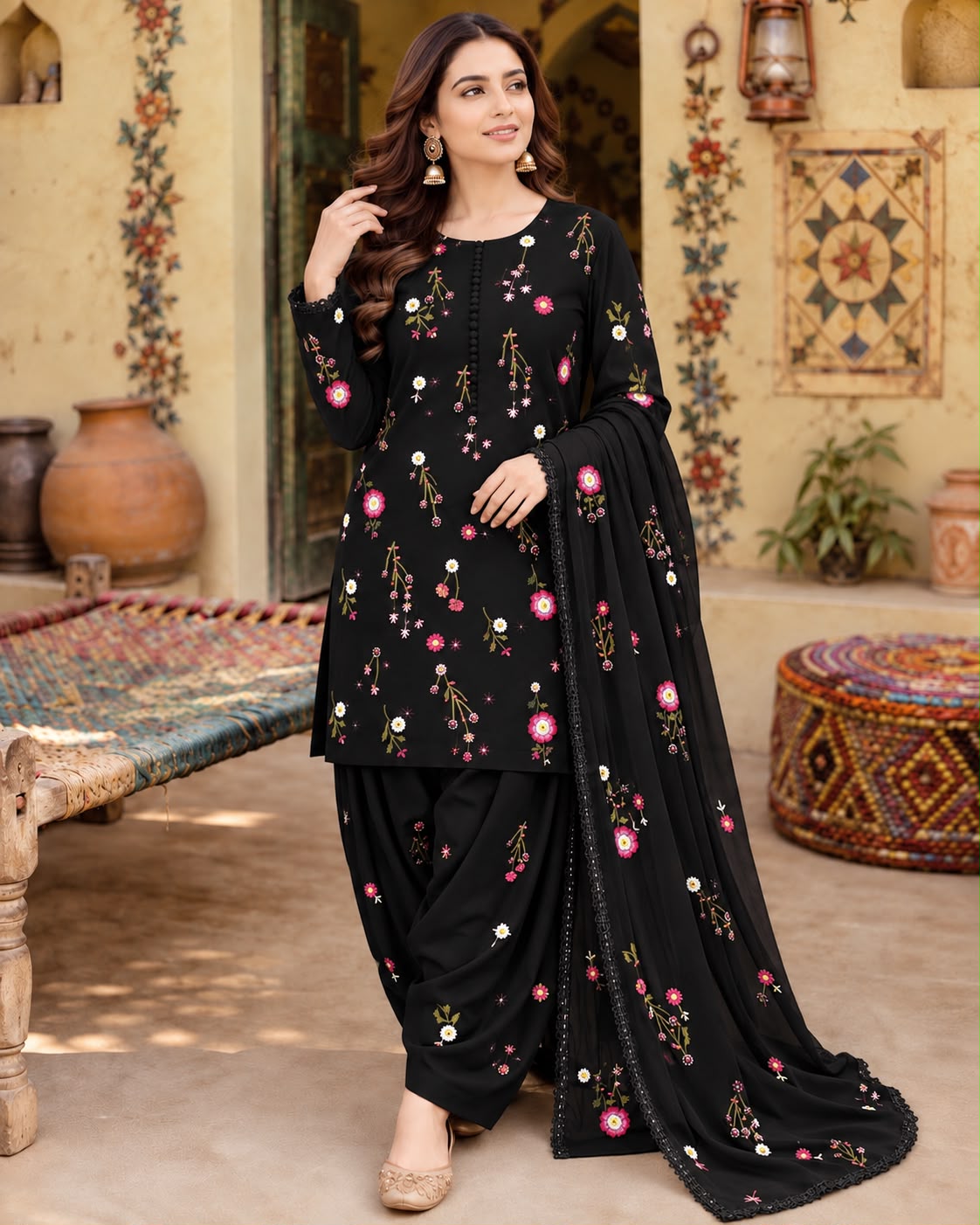 Unstitched 3 Piece Dhanak Embroidered Suit