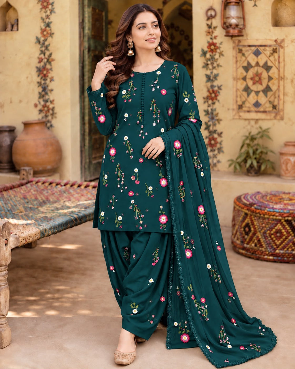 Unstitched 3 Piece Dhanak Embroidered Suit