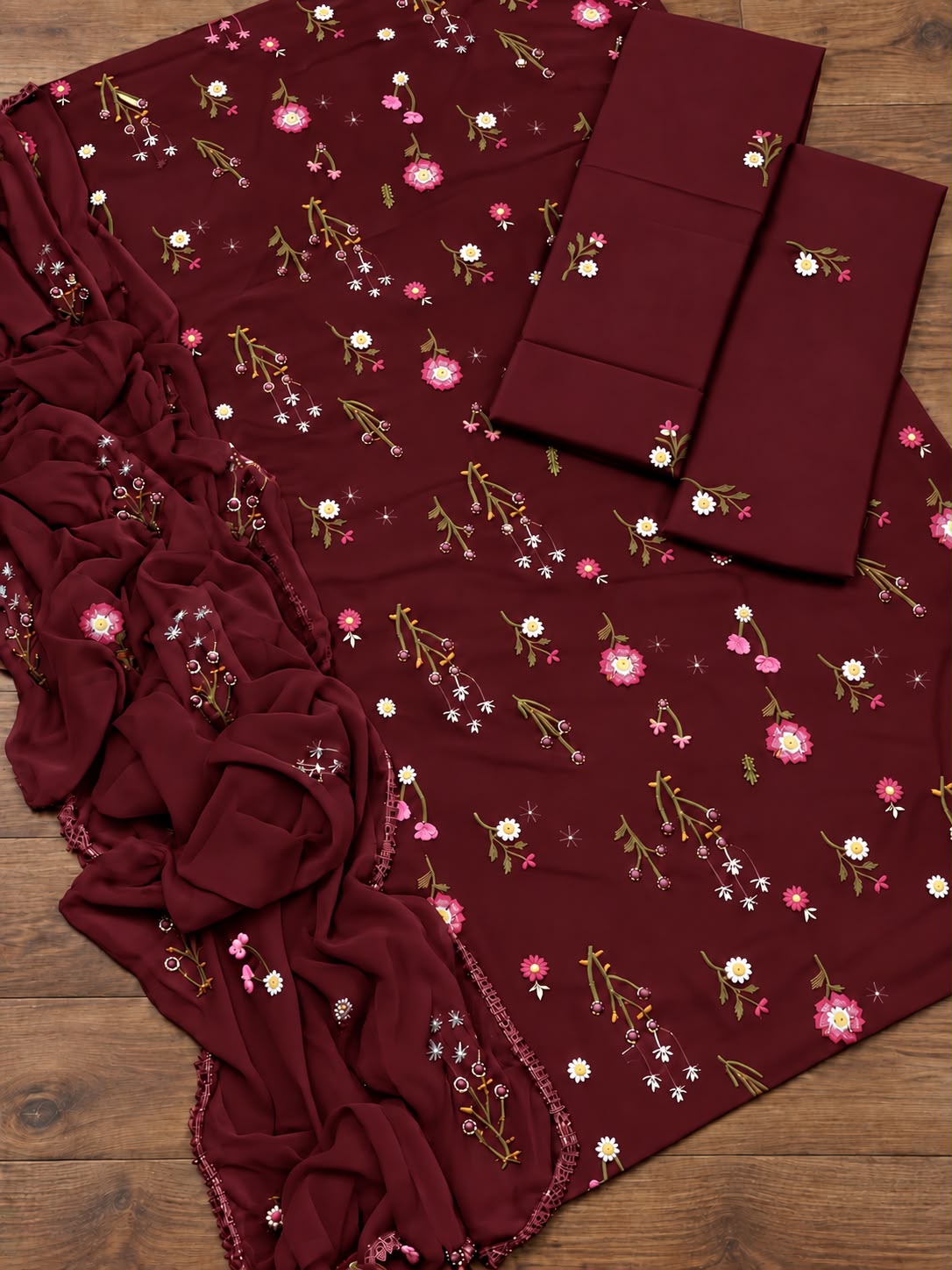 Unstitched 3 Piece Dhanak Embroidered Suit