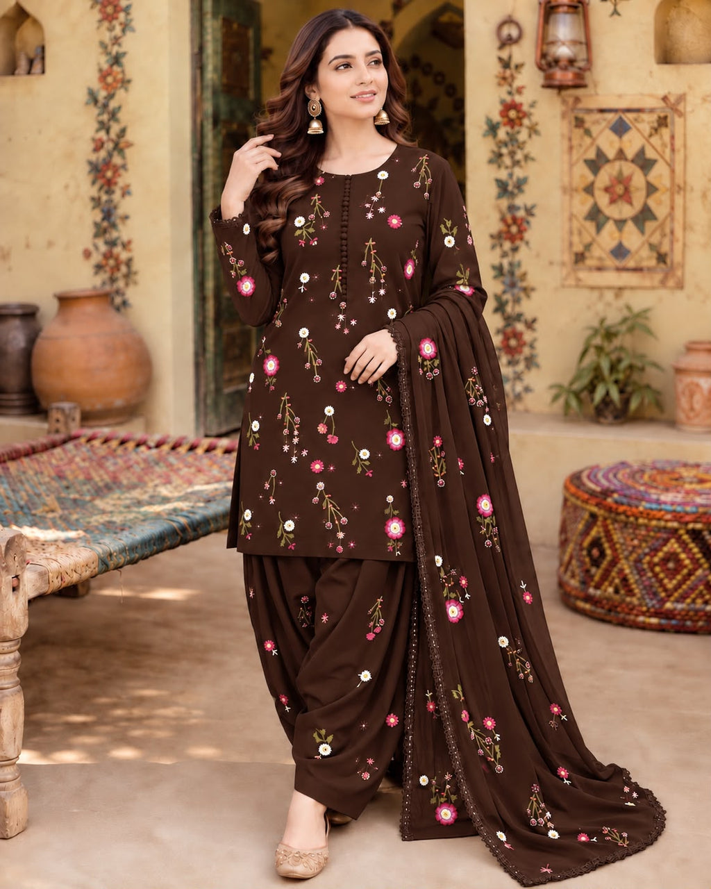 Unstitched 3 Piece Dhanak Embroidered Suit