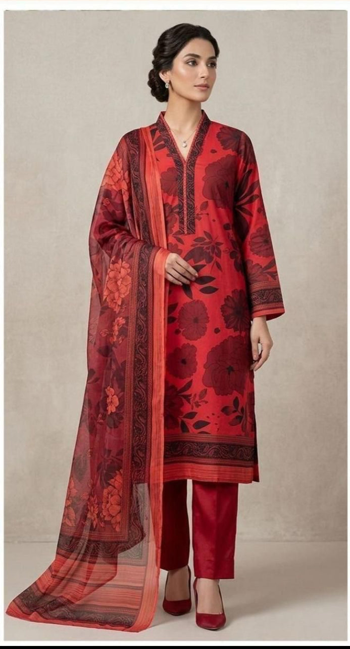 3 PC PRINTED LAWN SUIT MB 143